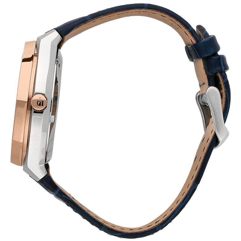 Side profile of Maserati Stile watch showing rose gold case, steel band, and blue leather strap