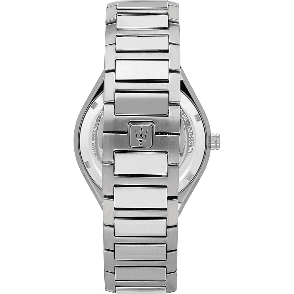 Silver bracelet and case back showing Maserati trident logo with link bracelet detail