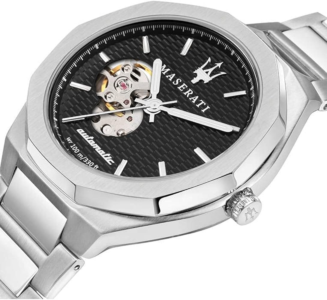 Close-up of black dial showing Maserati branding, hour markers, and exposed movement