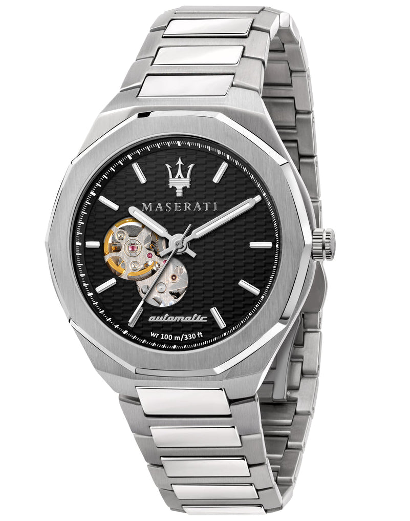 Maserati Stile silver automatic watch with black dial and visible movement window
