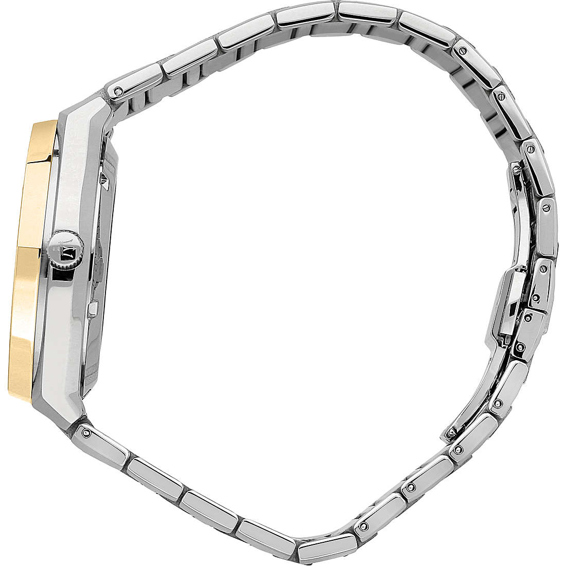 Side view of Maserati Stile watch displaying two-tone case and bracelet profile