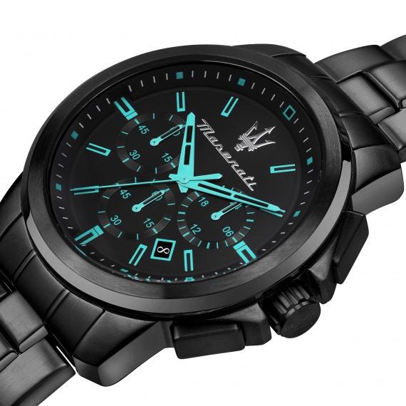 Maserati Successo Aqua Edition dial close-up with cyan hands, luminous indices, and chronograph functionality