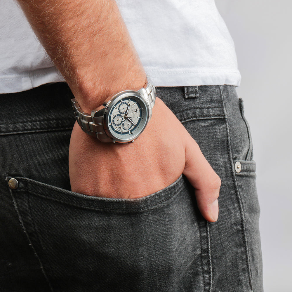 Maserati Successo chronograph watch worn on wrist with grey dial visible