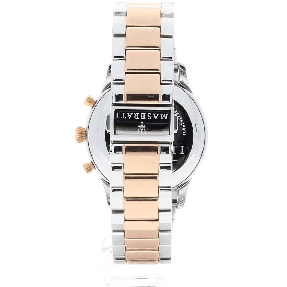 Maserati Tradizione caseback showing brand logo and two-tone rose gold and silver bracelet