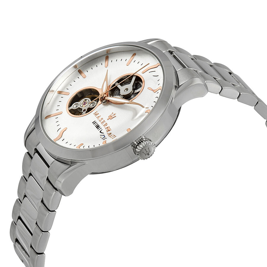 Maserati Tradizione watch side angle view showing stainless steel bracelet and case profile