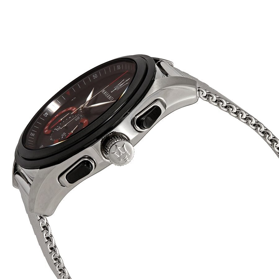 Side view of Maserati Traguardo chronograph watch showing case profile and stainless steel strap