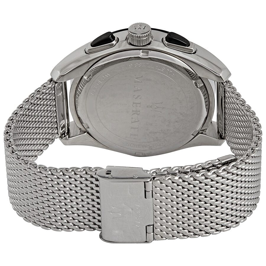 Caseback view of Maserati Traguardo chronograph watch with engraved stainless steel case