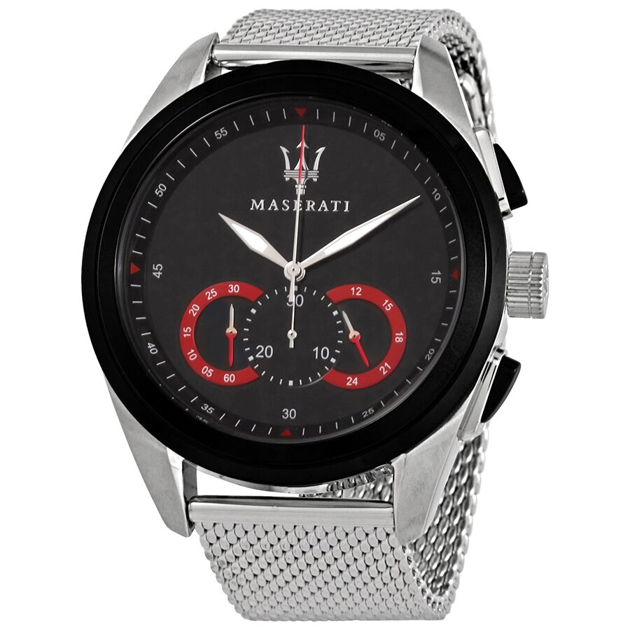 Maserati Traguardo chronograph watch with black dial, red subdials, and stainless steel mesh strap