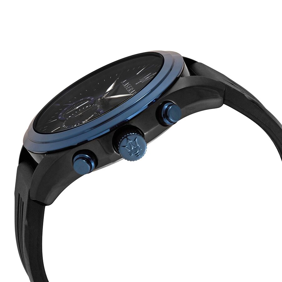Maserati Traguardo chronograph men's watch at side angle view showing blue bezel and case