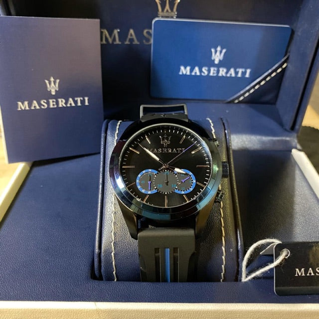 Maserati Traguardo chronograph watch displayed in blue branded presentation box