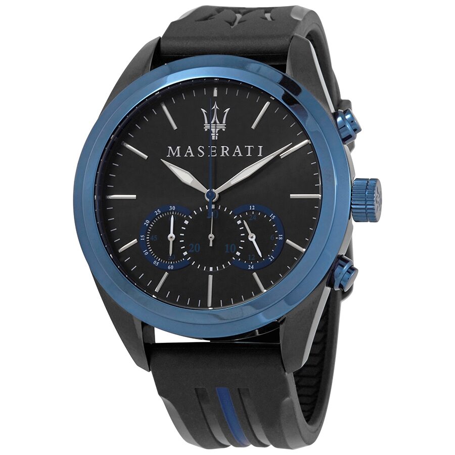 Maserati Traguardo chronograph men's watch with black dial, blue bezel, and blue subdials
