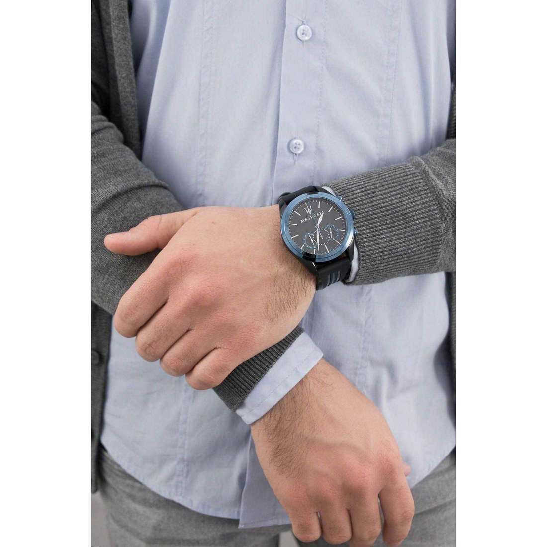 Maserati Traguardo chronograph watch worn on wrist with black strap and blue stripe detail