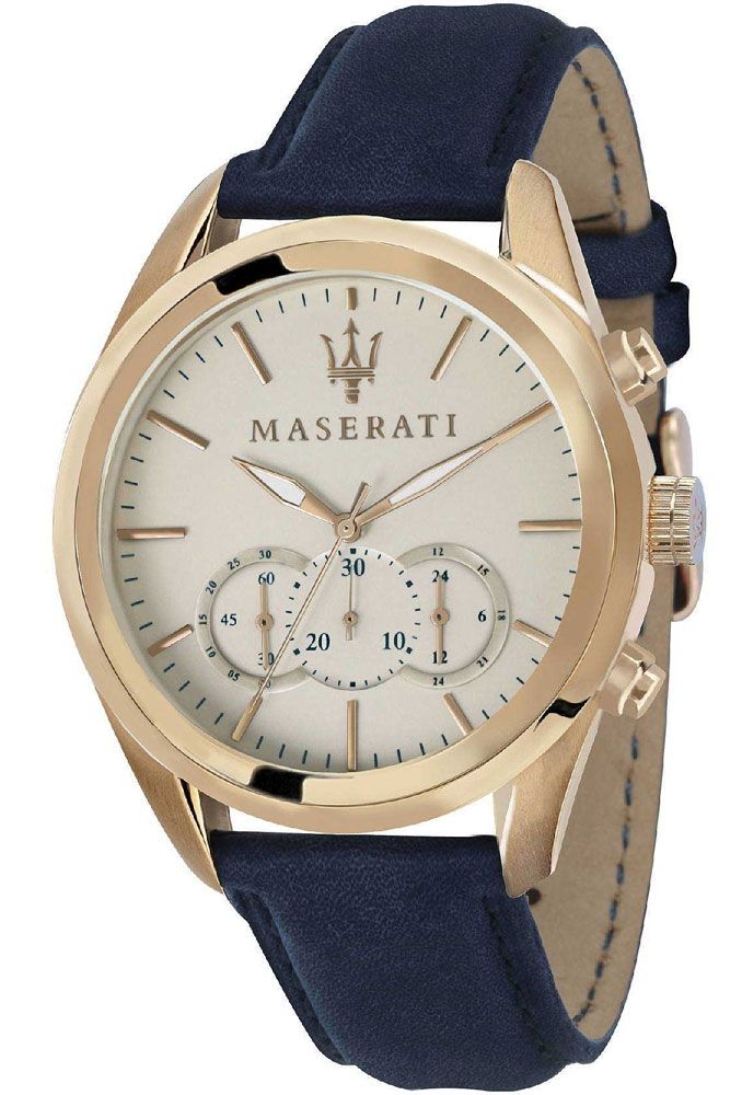 Maserati Traguardo chronograph watch with grey dial, gold case, and navy blue leather strap