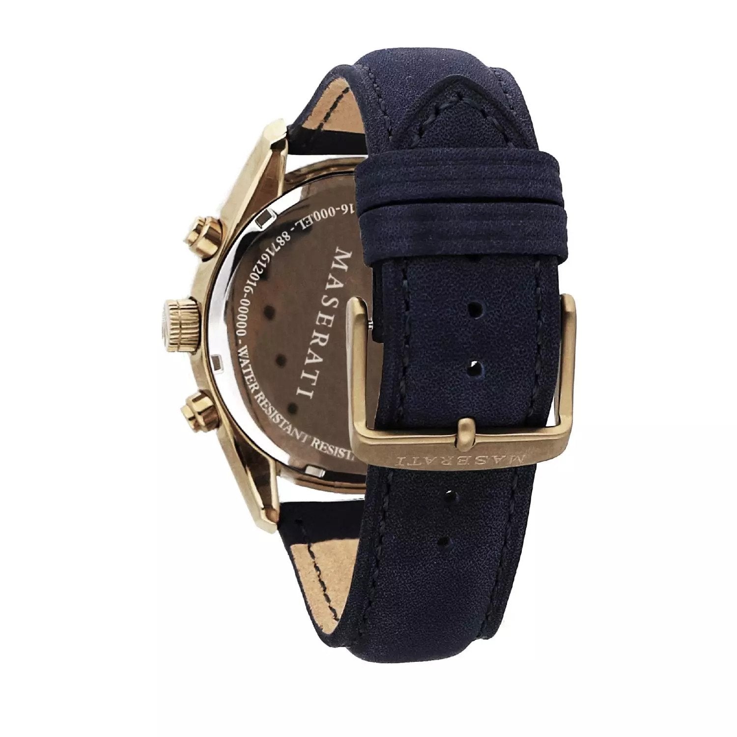 Maserati Traguardo watch caseback showing engraved details and blue leather strap