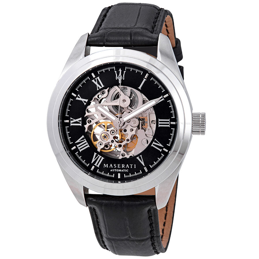 Maserati Traguardo automatic watch with black dial showing skeleton movement and Roman numerals