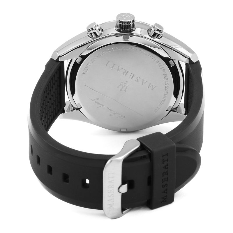 Maserati Traguardo chronograph watch caseback with engraved Maserati branding and black rubber strap