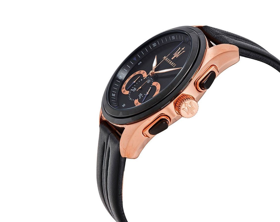 Side angle view of Maserati Traguardo showing rose gold case, chronograph pushers, and black leather strap