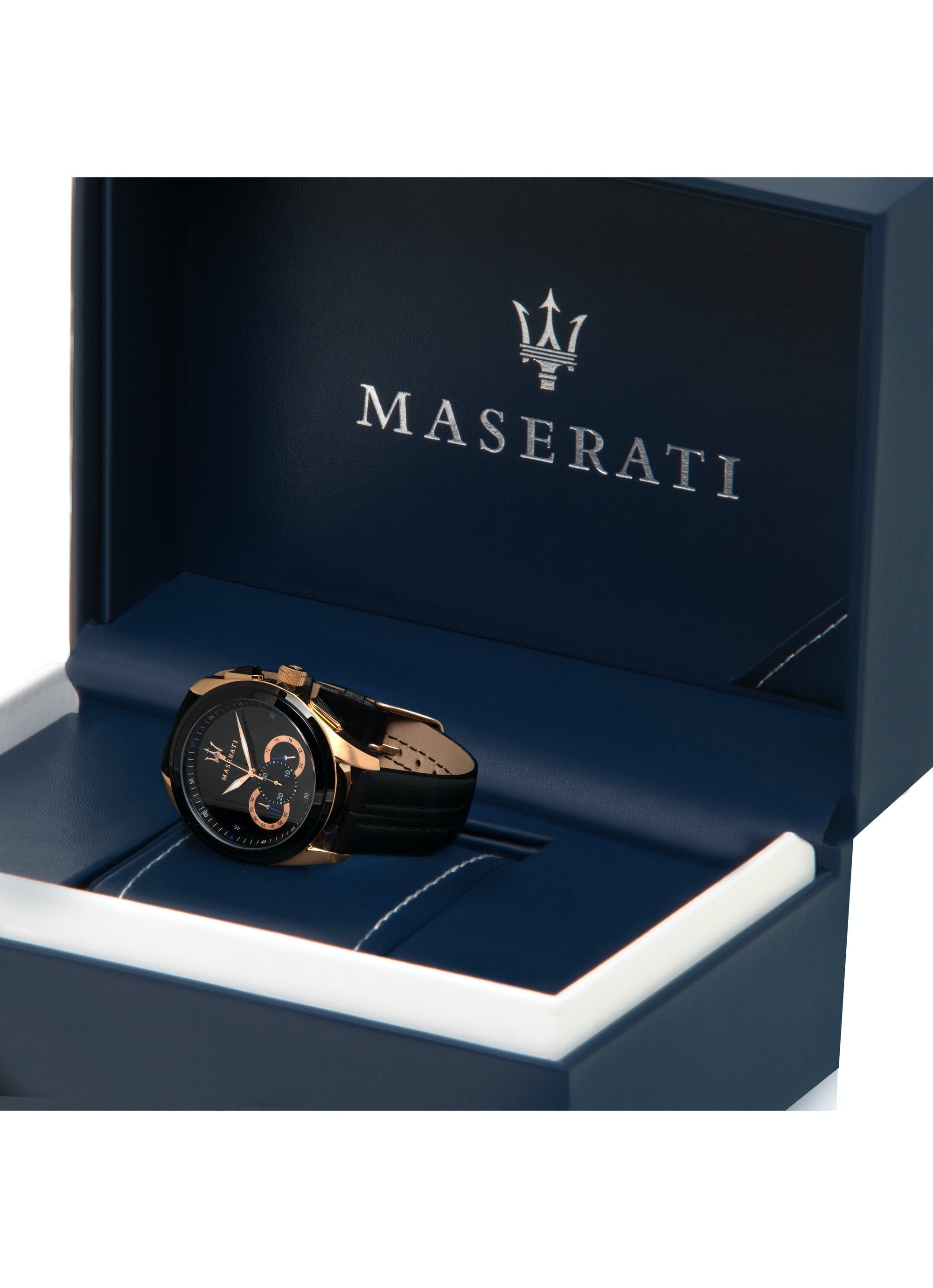 Maserati Traguardo watch presented in official navy blue Maserati box with trident logo