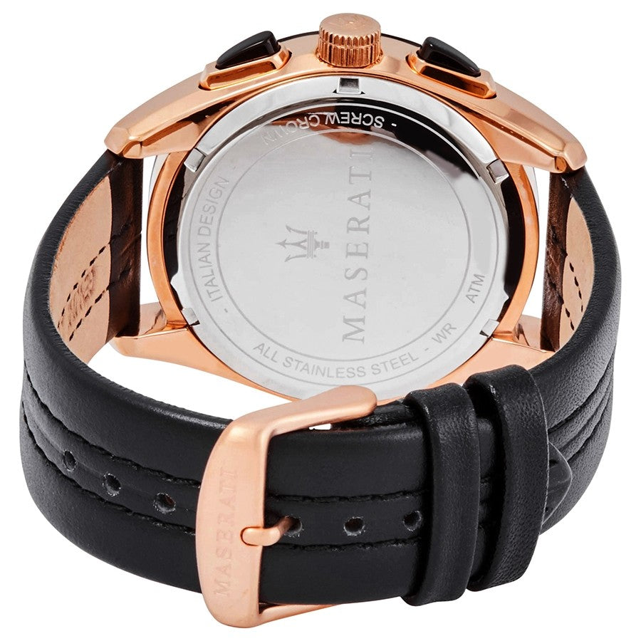 Caseback of Maserati Traguardo showing stainless steel case with Maserati branding and engraved text