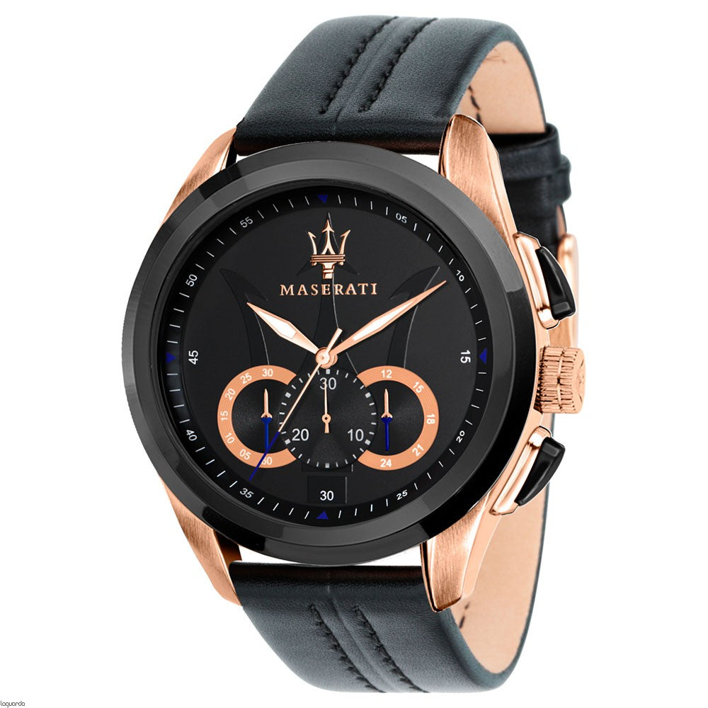 Maserati Traguardo chronograph watch with black dial, rose gold case, and rose gold chronograph subdials
