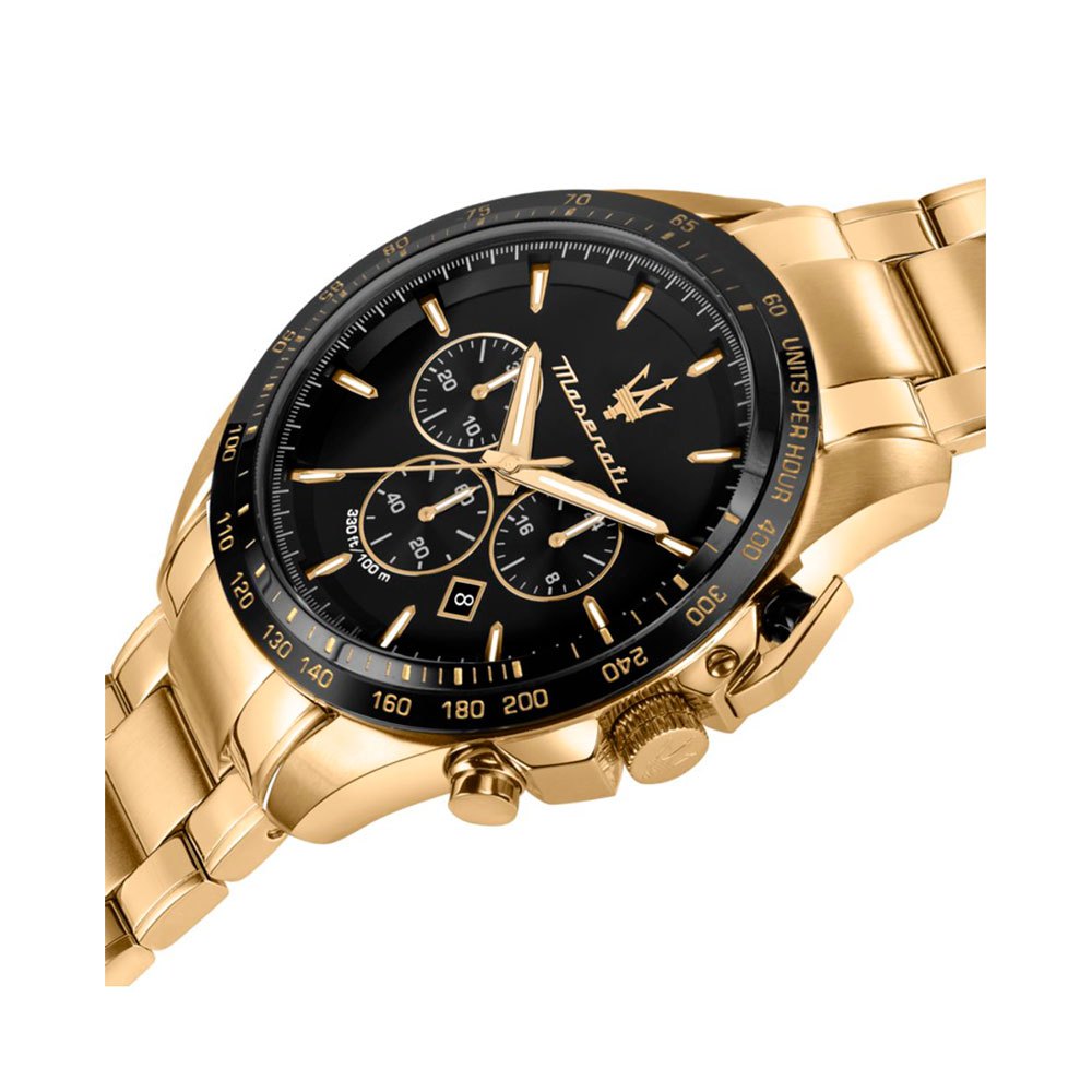 Maserati Traguardo chronograph watch angled view showing gold case, black bezel, and bracelet