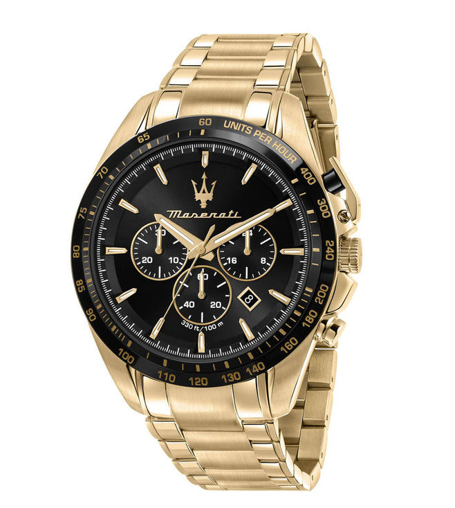 Maserati Traguardo men's chronograph watch with gold-tone case, black dial, and gold bracelet