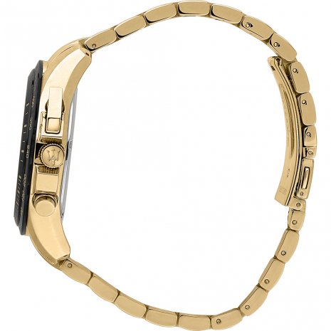 Side view of Maserati Traguardo watch showing case profile and gold-tone metal bracelet