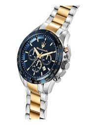 Maserati Traguardo watch angled view showing two-tone metal band and blue dial