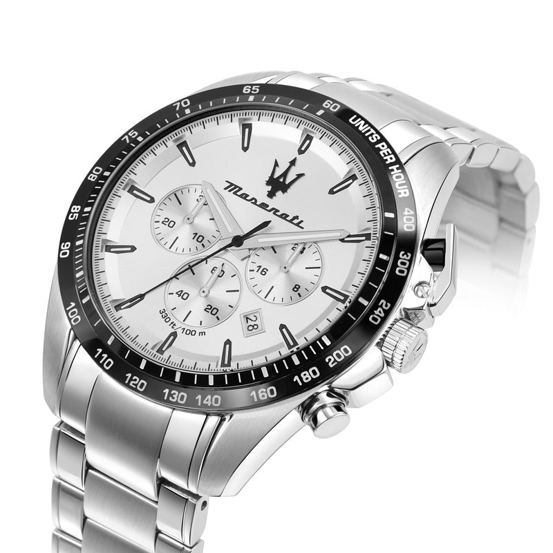 Maserati Traguardo chronograph watch angled view showing silver metal bracelet and case profile