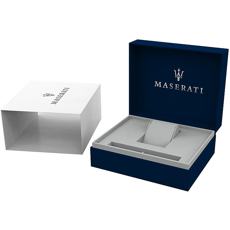 Maserati Traguardo watch presentation box with white outer box and navy blue inner box with Maserati logo