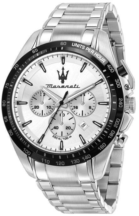 Maserati Traguardo silver chronograph watch with white dial, black bezel, and three subdials