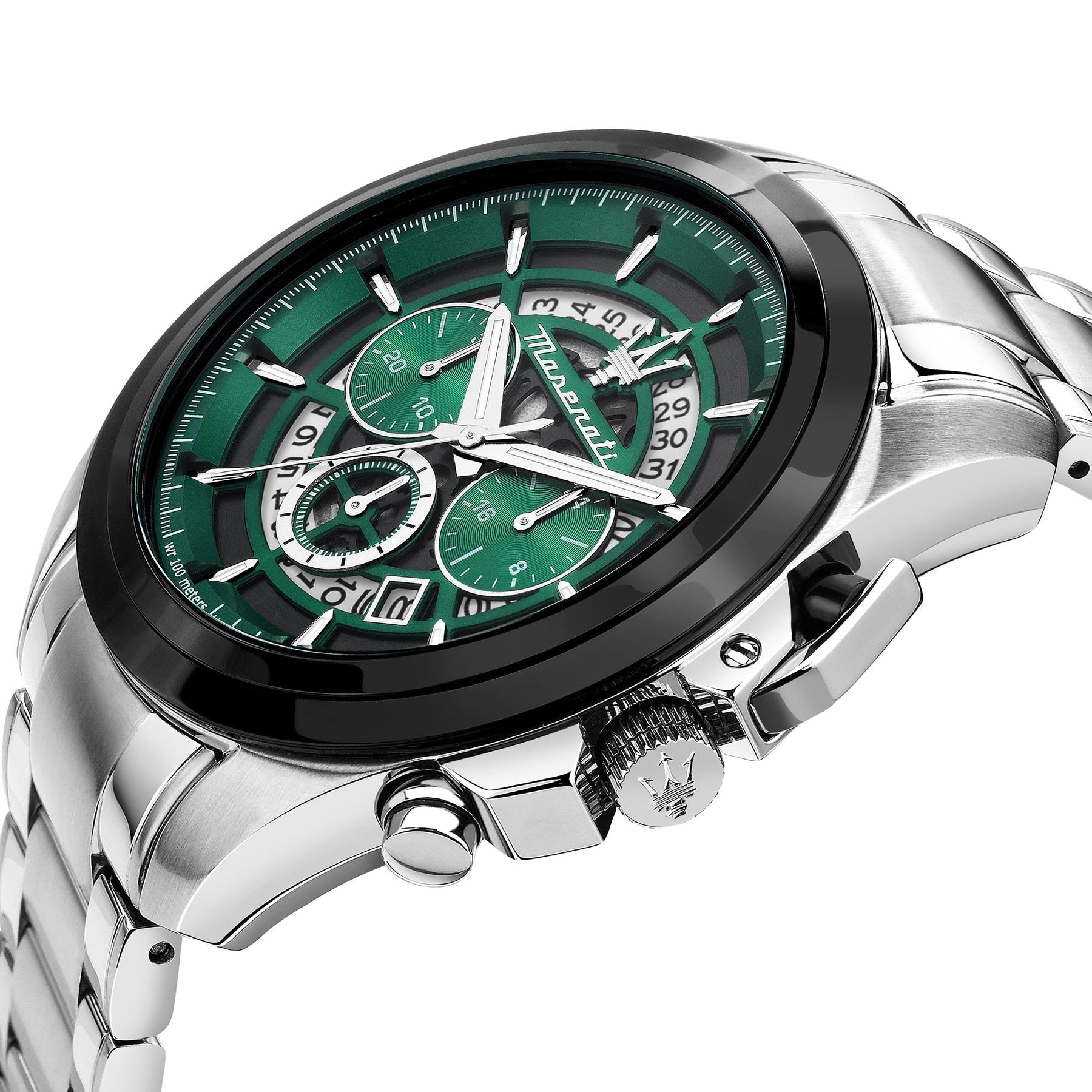 Maserati Traguardo chronograph showcasing green dial with subdials and silver bracelet from angled view