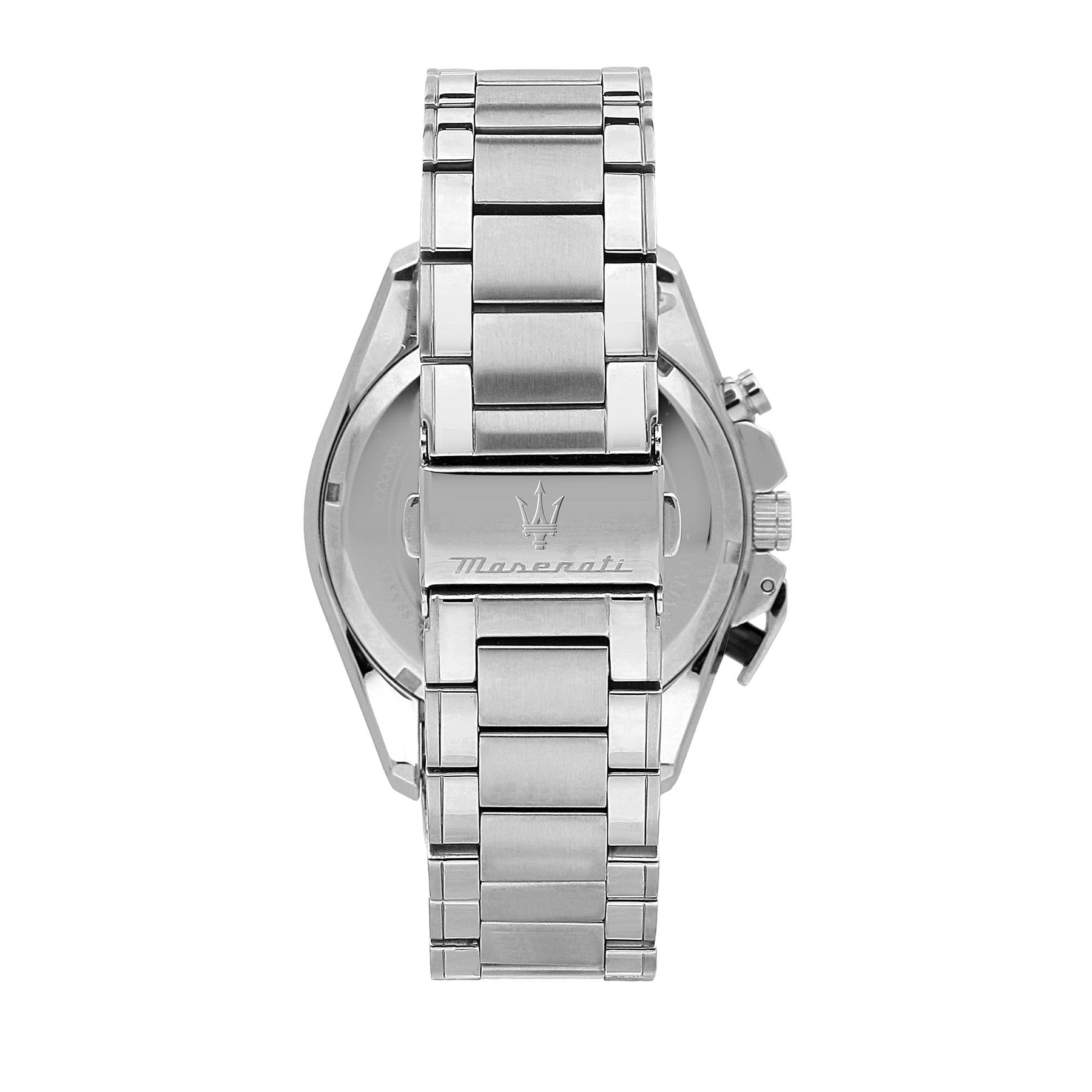 Maserati Traguardo watch caseback displaying silver stainless steel and chronograph pushers