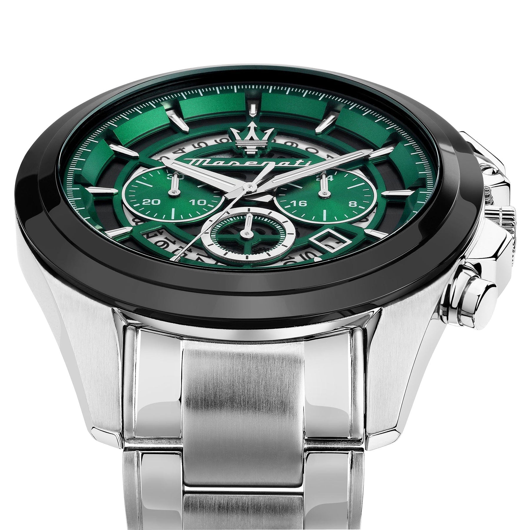 Maserati Traguardo chronograph dial detail with green face, subdials, and white markers