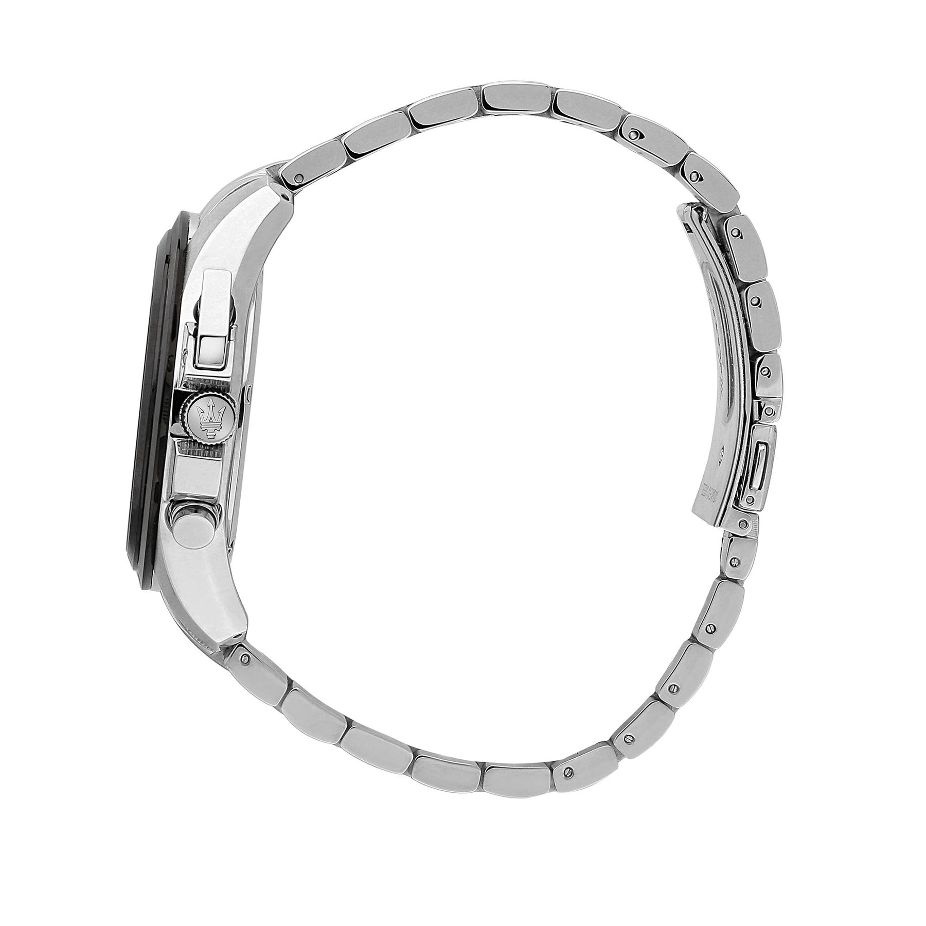 Maserati Traguardo chronograph side profile showing silver stainless steel case and bracelet