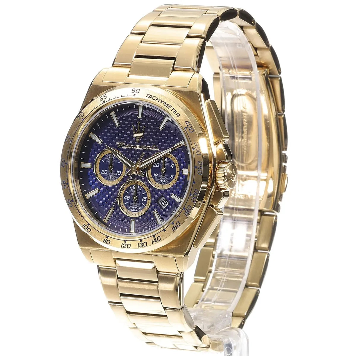 Maserati Velocità chronograph with gold case, blue dial, and metal bracelet