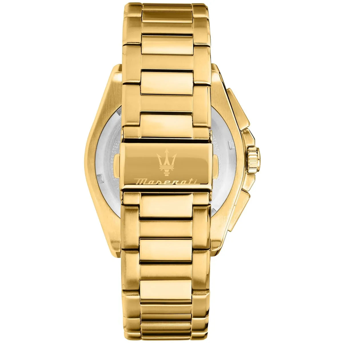 Maserati Velocità caseback showing gold stainless steel bracelet