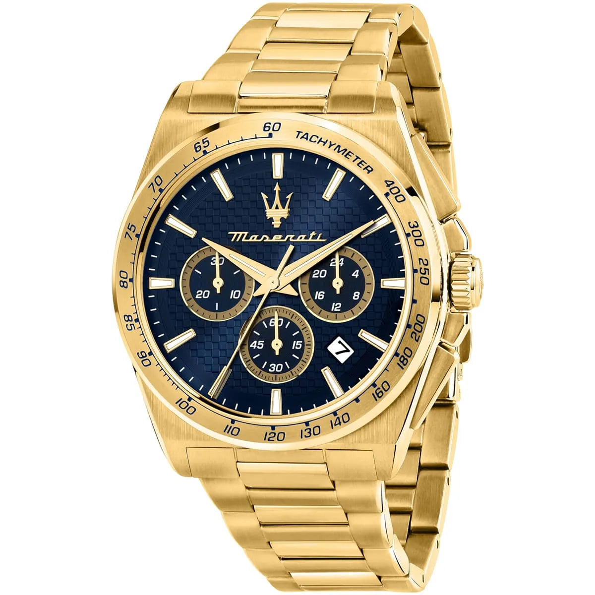 Maserati Velocità chronograph watch with blue dial and gold stainless steel case