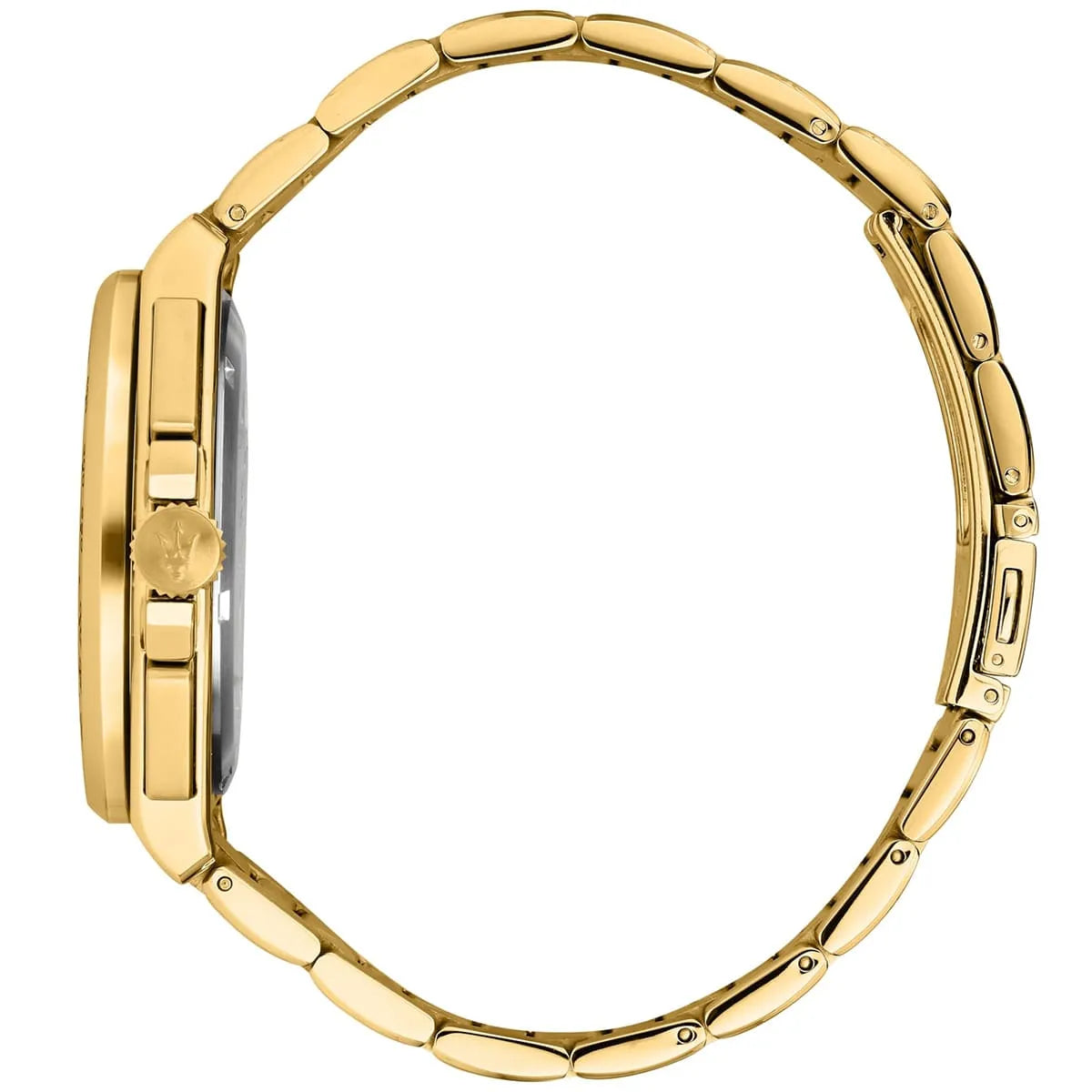 Side view of Maserati Velocità gold stainless steel bracelet and case