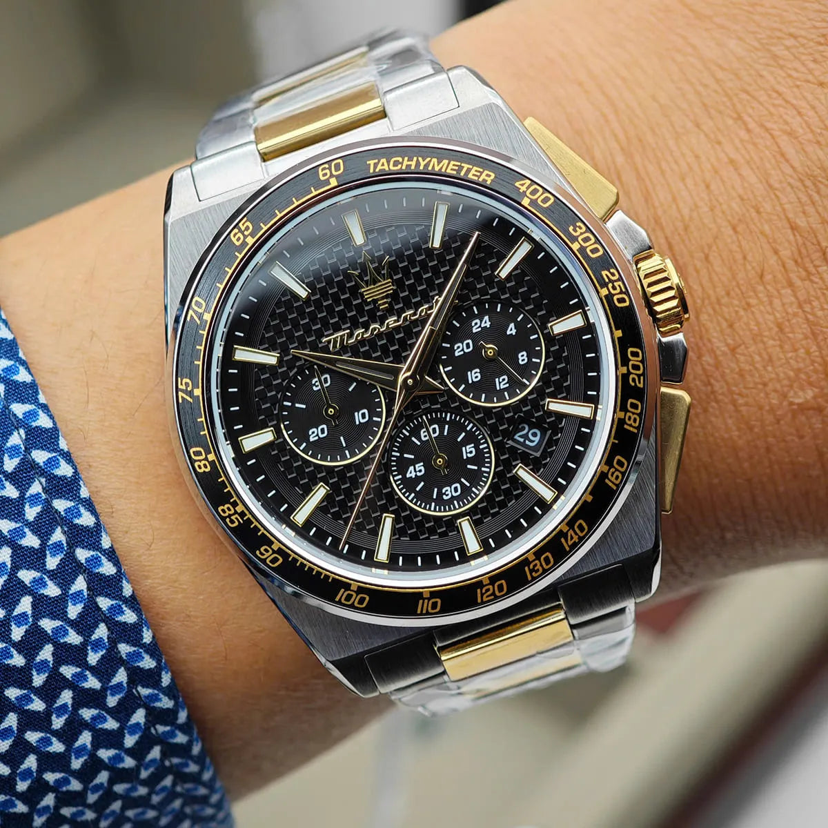 Maserati Velocità R8873652003 worn on wrist showing chronograph subdials and tachymeter bezel