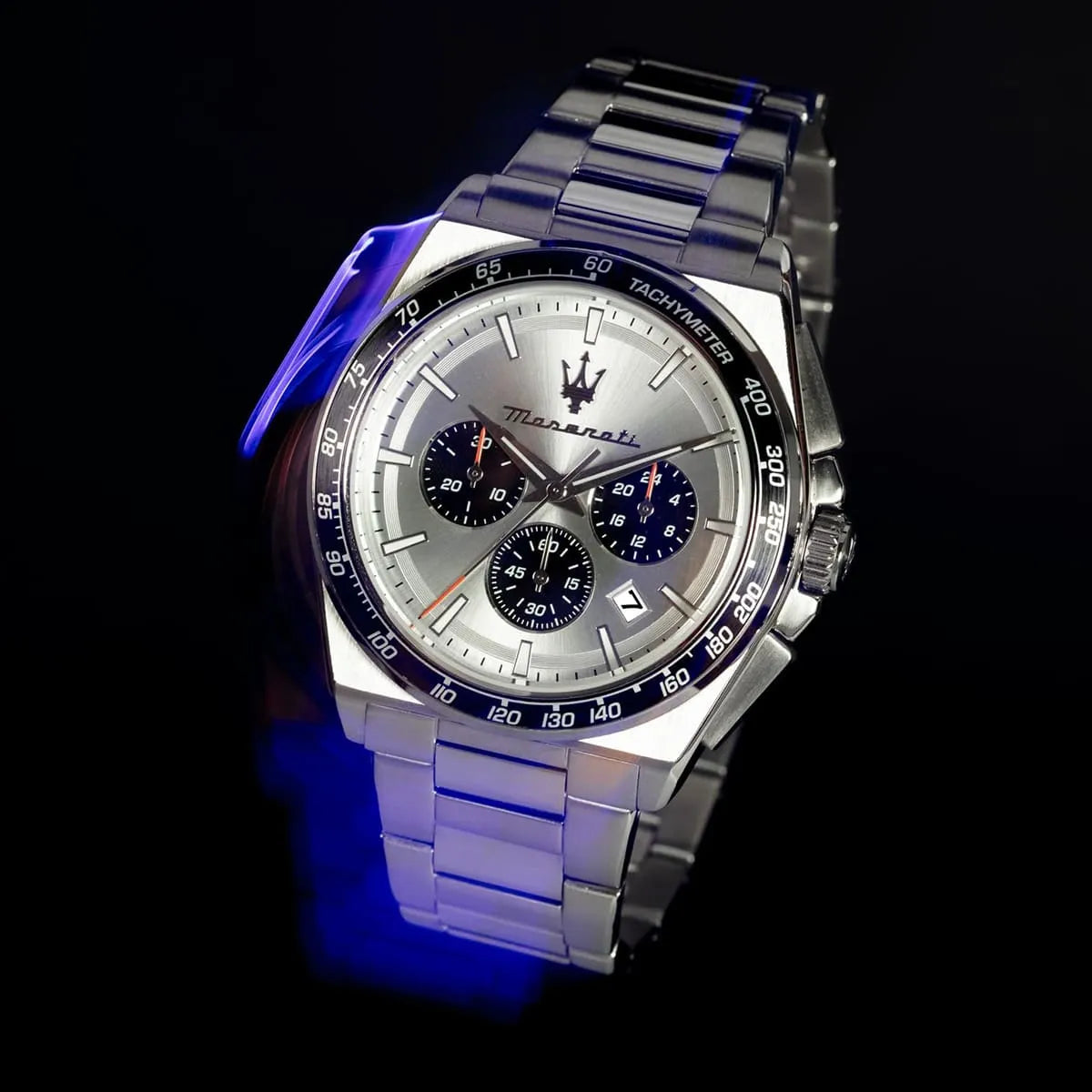 Maserati Velocità chronograph watch with blue lighting effect on dark background