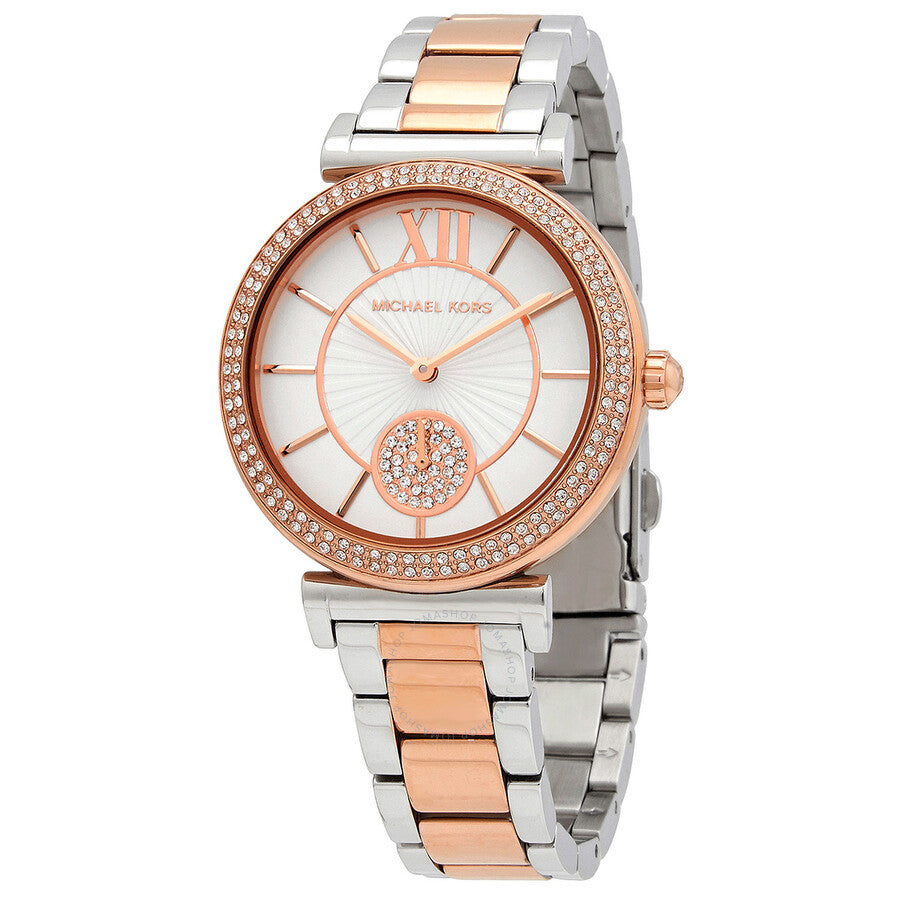 Michael Kors Abbey quartz watch with crystal-set rose gold bezel, white dial, and two-tone bracelet