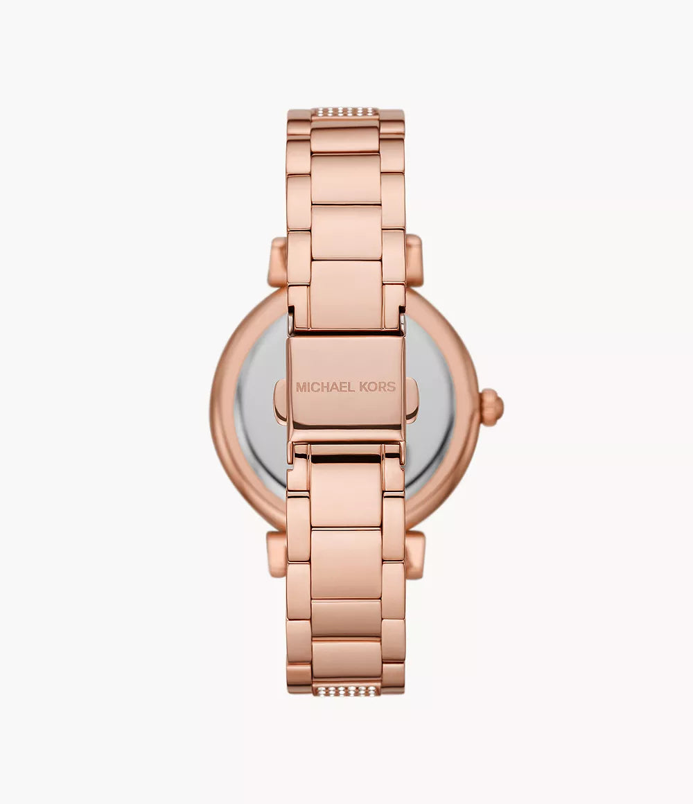 Back view of Michael Kors Abbey rose gold-tone watch showing bracelet and clasp