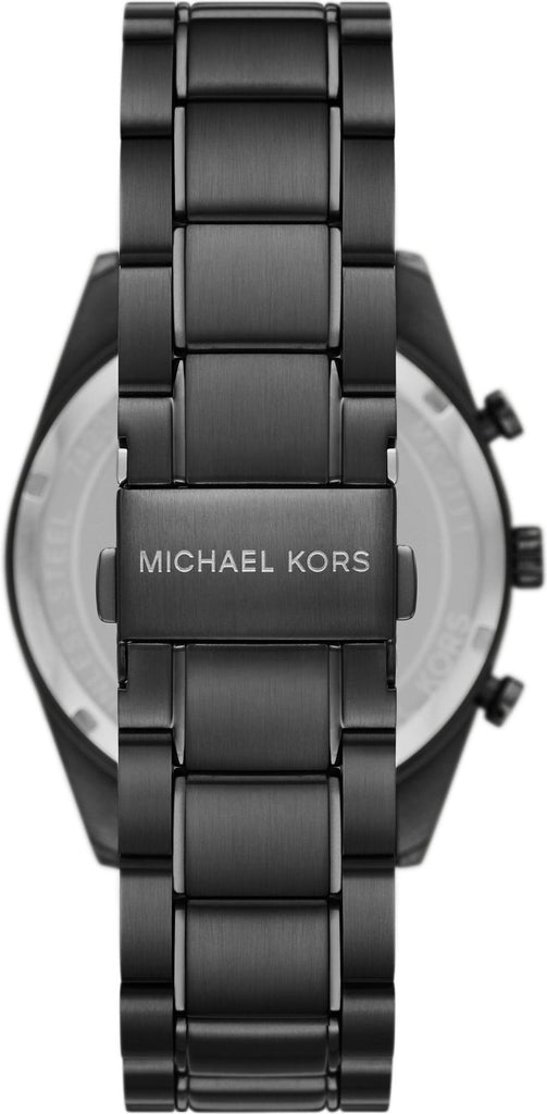 Michael Kors Accelerator MK9113 caseback showing stainless steel bracelet and chronograph pushers