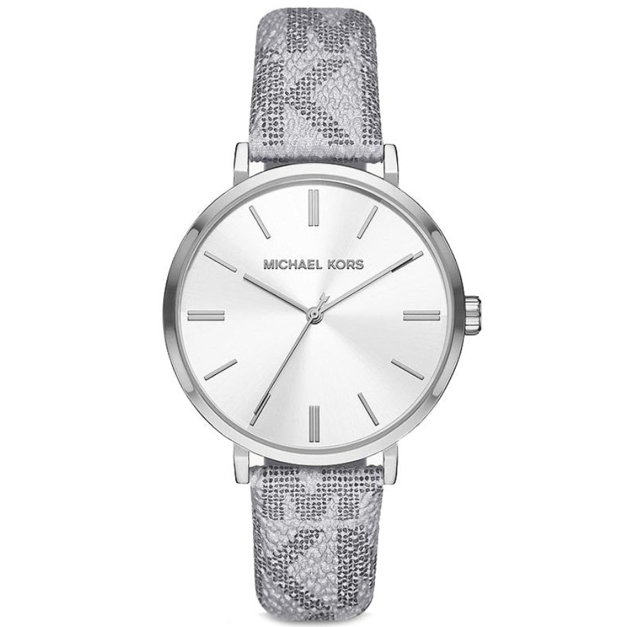 Michael Kors Addyson women's watch with white dial and patterned silver-tone leather strap