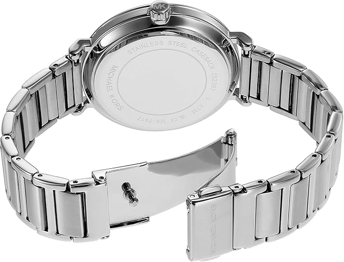Michael Kors Addyson watch caseback showing stainless steel bracelet and buckle closure