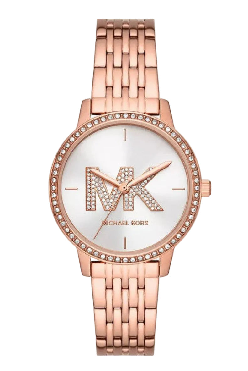 Michael Kors Adrianna II rose gold watch with crystal bezel and white dial