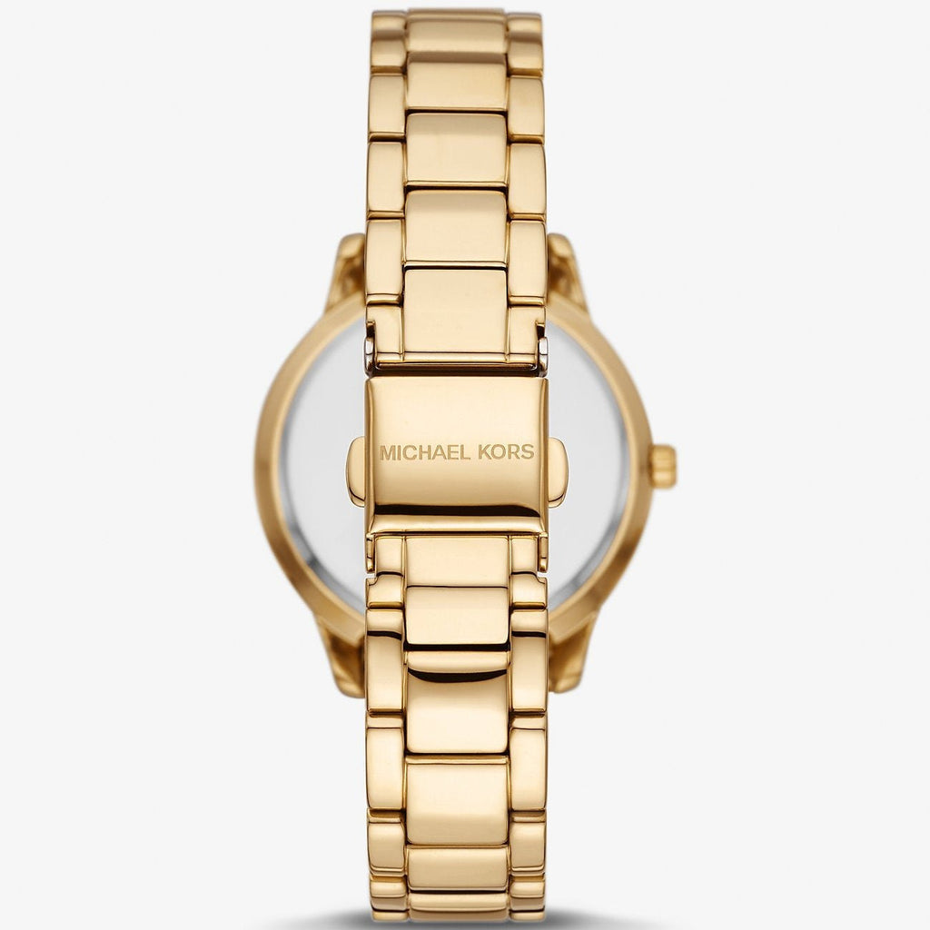 Michael Kors Aurelia MK1057 caseback with gold-tone bracelet and MK logo engraved