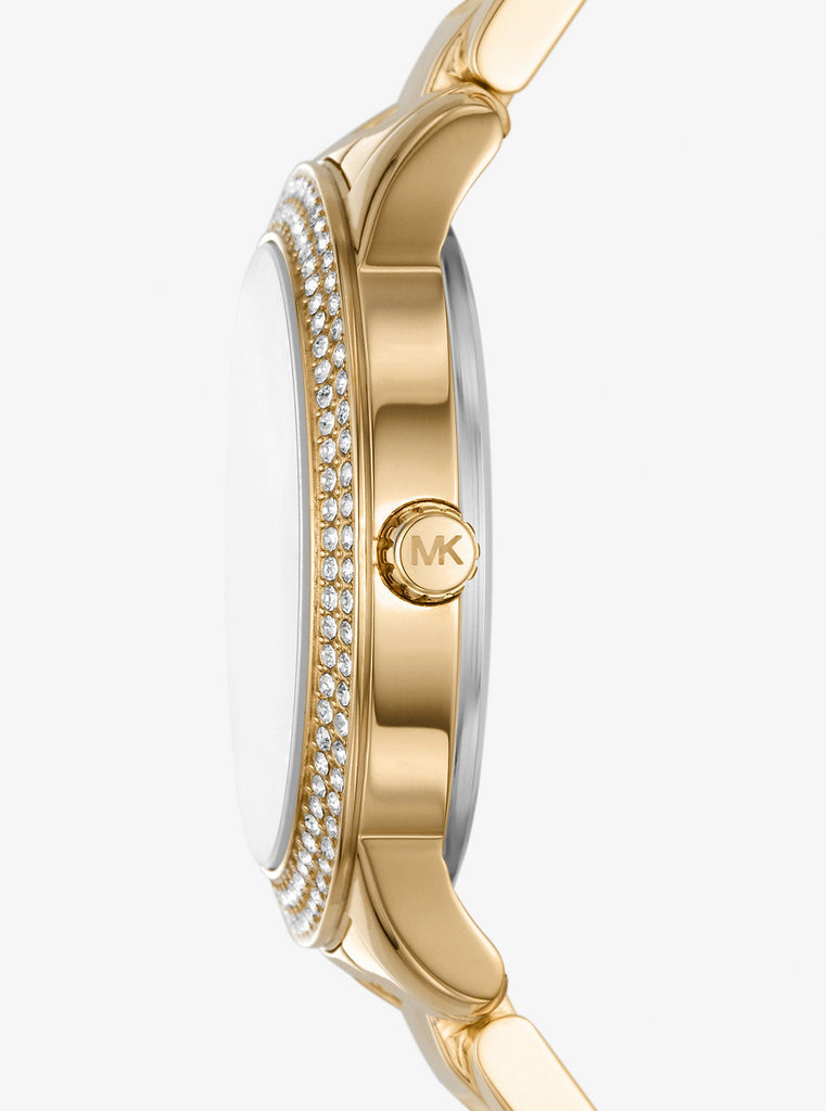 Michael Kors Aurelia MK1057 side profile showing crystal-set bezel and gold-tone case