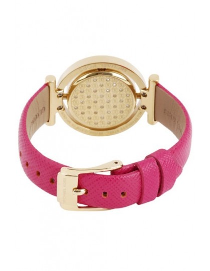 Caseback view of Michael Kors Averi MK2525 watch with crystal and pink leather strap